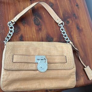 Vintage Michael Kors Croc Embossed Hamilton Tan Leather Shoulder Bag Purse